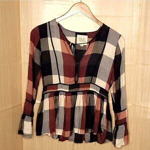 Thread & Supply Womens Purple Blue Plaid Bell Sleeve Blouse Small